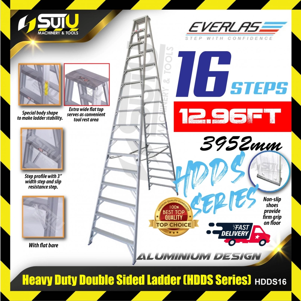 EVERLAS HDDS16 16 Steps 3952MM Heavy Duty Aluminium Double Sided Ladder 