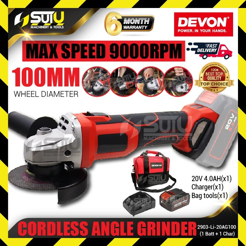 DEVON 2903-LI-20AG100 20V 4" Brushless Cordless Angle Grinder 9000RPM + 1 x Battery 4.0Ah + Charger