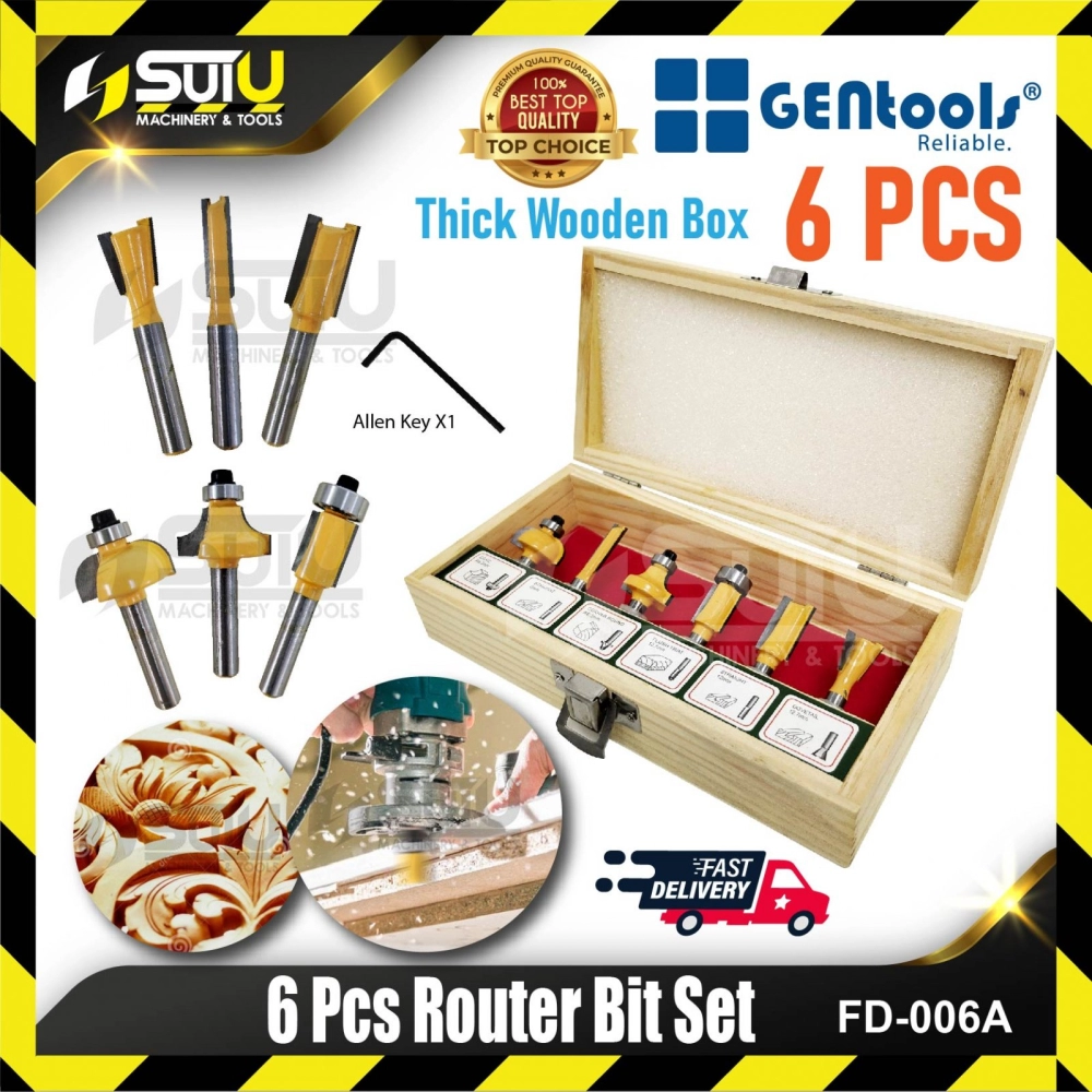 GENTOOLS FD-006A 6PCS Router Bit Set with Thick Wooden Box