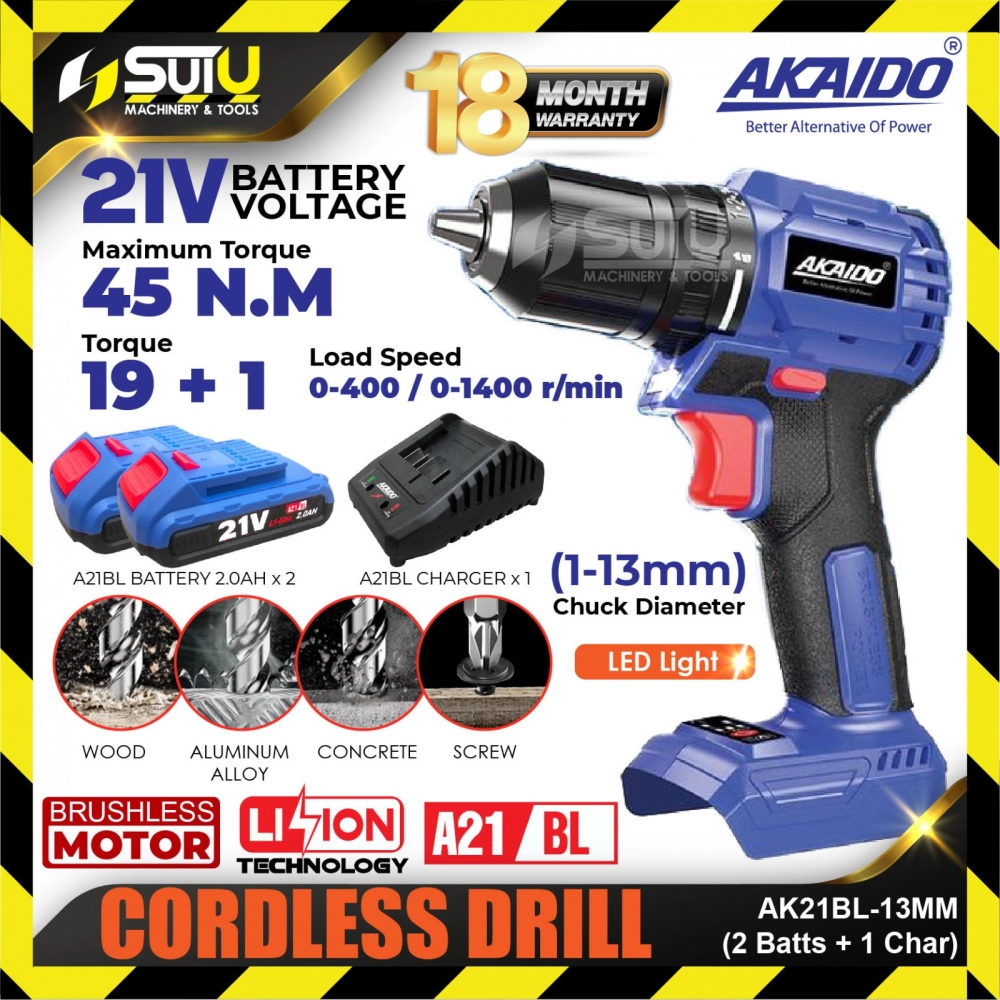 AKAIDO AK21BL-13MM / AK21BL-13MM-B 21V 45NM 13MM Brushless Cordless Drill 1400RPM + 2 x Batteries 2.0Ah + Charger