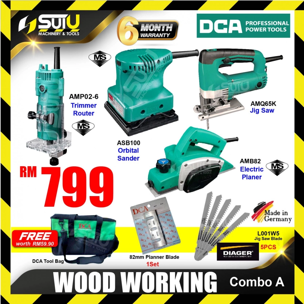 DCA Wood Working Combo A AMP02-6 Trimmer Router + ASB100 Sander + AMB82 Planer + AMQ65K Jig Saw + Free Gift
