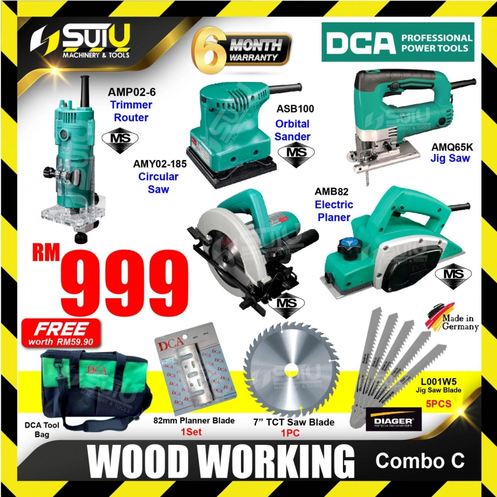 DCA Wood Working Combo C AMP02-6 Trimmer Router + ASB100 Sander + AMQ65K Jig Saw + AMB82 Planer + AMY02-185 Circular Saw