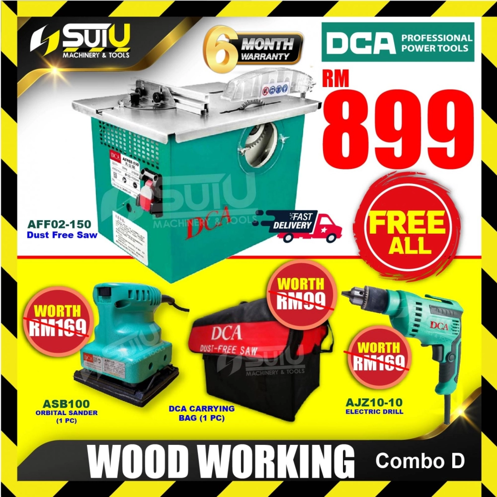 DCA WOOD WORKING COMBO D AFF02-150 Dust Free Saw + ASB100 Sander + AJZ10-10 Driver Drill + Carrying Bag