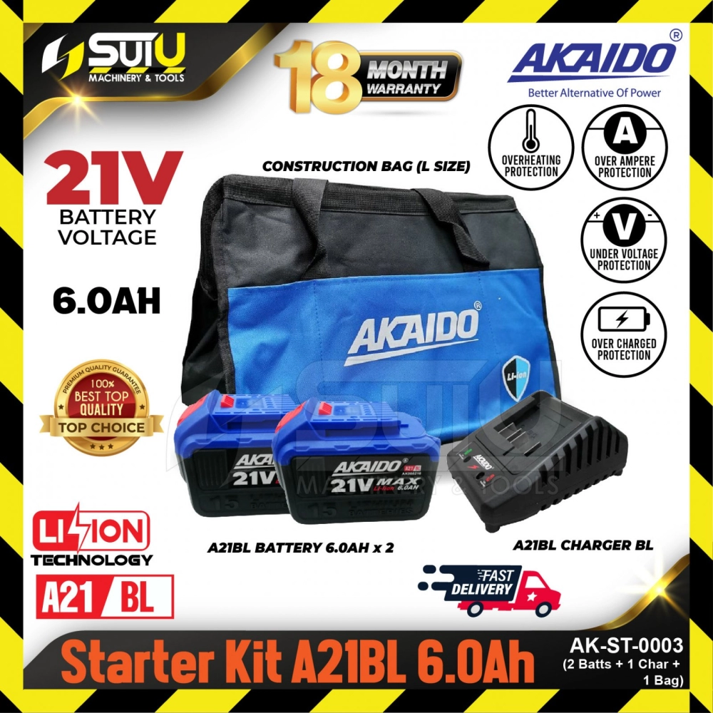 AKAIDO AK-ST-0003 / ST-0003 / ST0003 21V A21BL 6.0Ah Starter Kit (2 Batteries 6.0Ah + Charger + L Size Construction Bag)