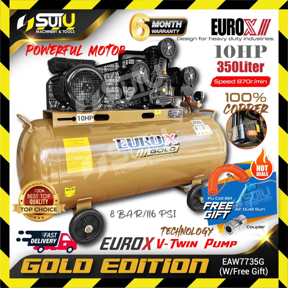 EUROX GOLD EAW-7735 / EAW7735 / EAW7735G 350L 10HP 8BAR Air Compressor 870RPM + Free Gift
