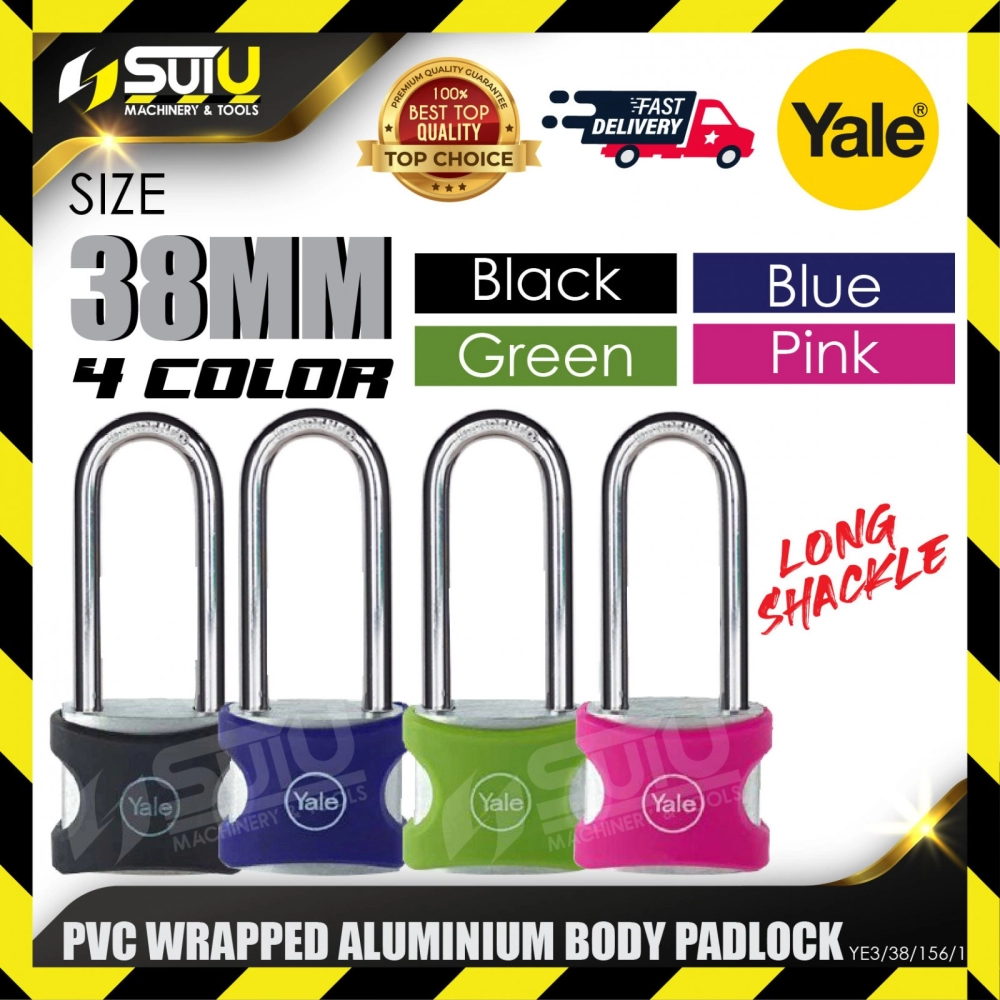 YALE YE3/38/156/1 1PCS 38MM Long Shackle PVC Wrapped Aluminium Body Padlock (Black/Green/Blue/Pink)
