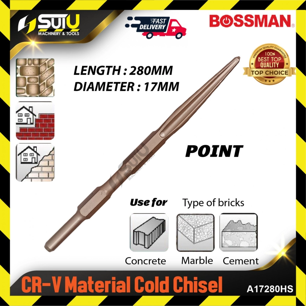 BOSSMAN A17280HS 1PCS 17MM x 280MM Hexagon Shank CR-V Material Cold Chisel (Point)