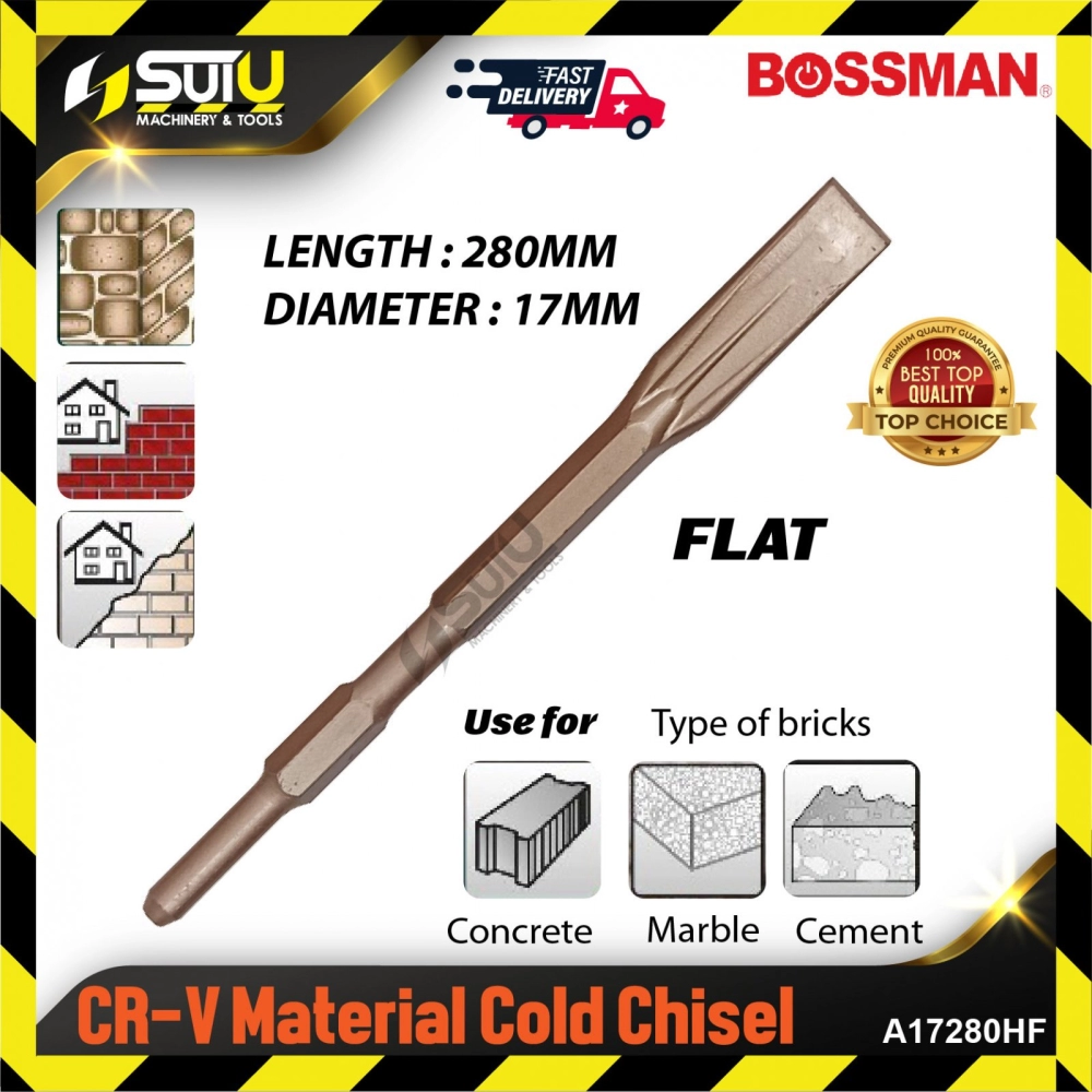 BOSSMAN A17280HF 1PCS 17MM x 280MM Hexagon Shank CR-V Material Cold Chisel (Flat)