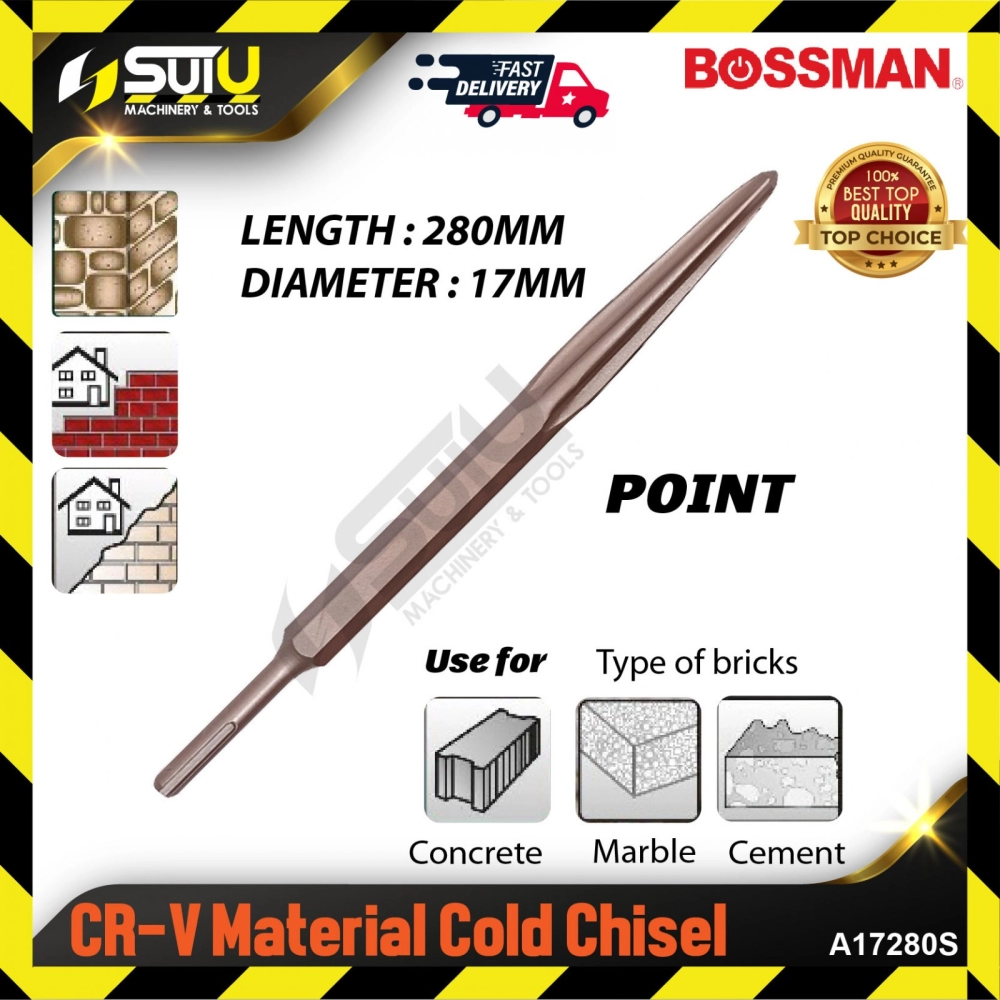 BOSSMAN A17280S 1PCS 17MM x 280MM SDS CR-V Material Cold Chisel (Point)