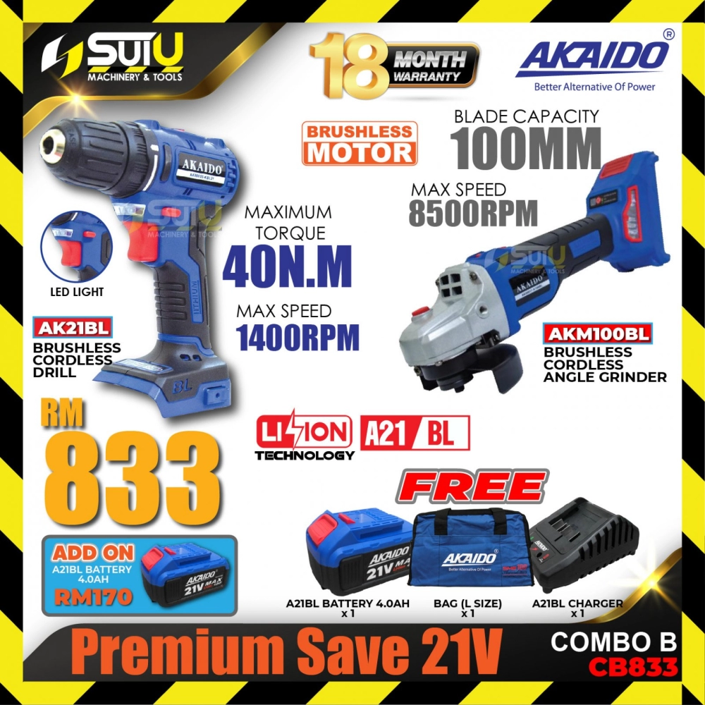 AKAIDO CB833 Premium Save 21V Combo B AK21BL Brushless Cordless Drill + AKM100BL Brushless Cordless Angle Grinder