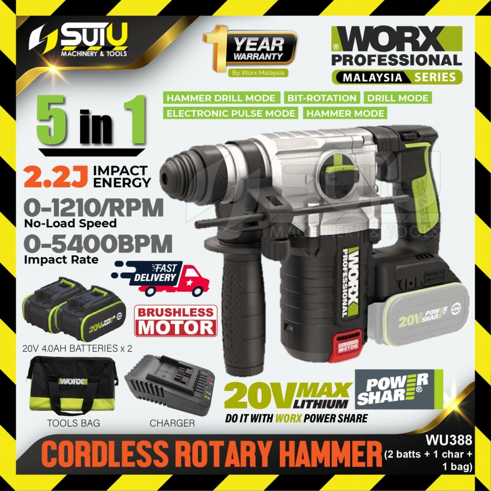 [SET B] WORX WU388 20V 5 in 1 2.2J Brushless Cordless Rotary Hammer 1210RPM + 2 x Batteries 4.0Ah + Charger