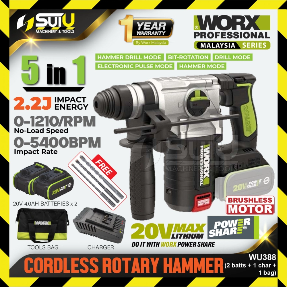 [SET C] WORX WU388 20V 5 in 1 2.2J Brushless Cordless Rotary Hammer 1210RPM + 2 x Batteries 4.0Ah + 1 x Charger + 3PCS Hammer Drill Bits