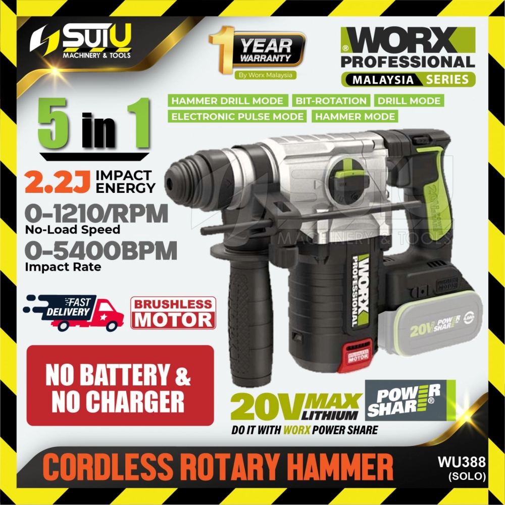 [SET A] WORX WU388 20V 5 in 1 2.2J Brushless Cordless Rotary Hammer 1210RPM (SOLO - No Battery & Charger)