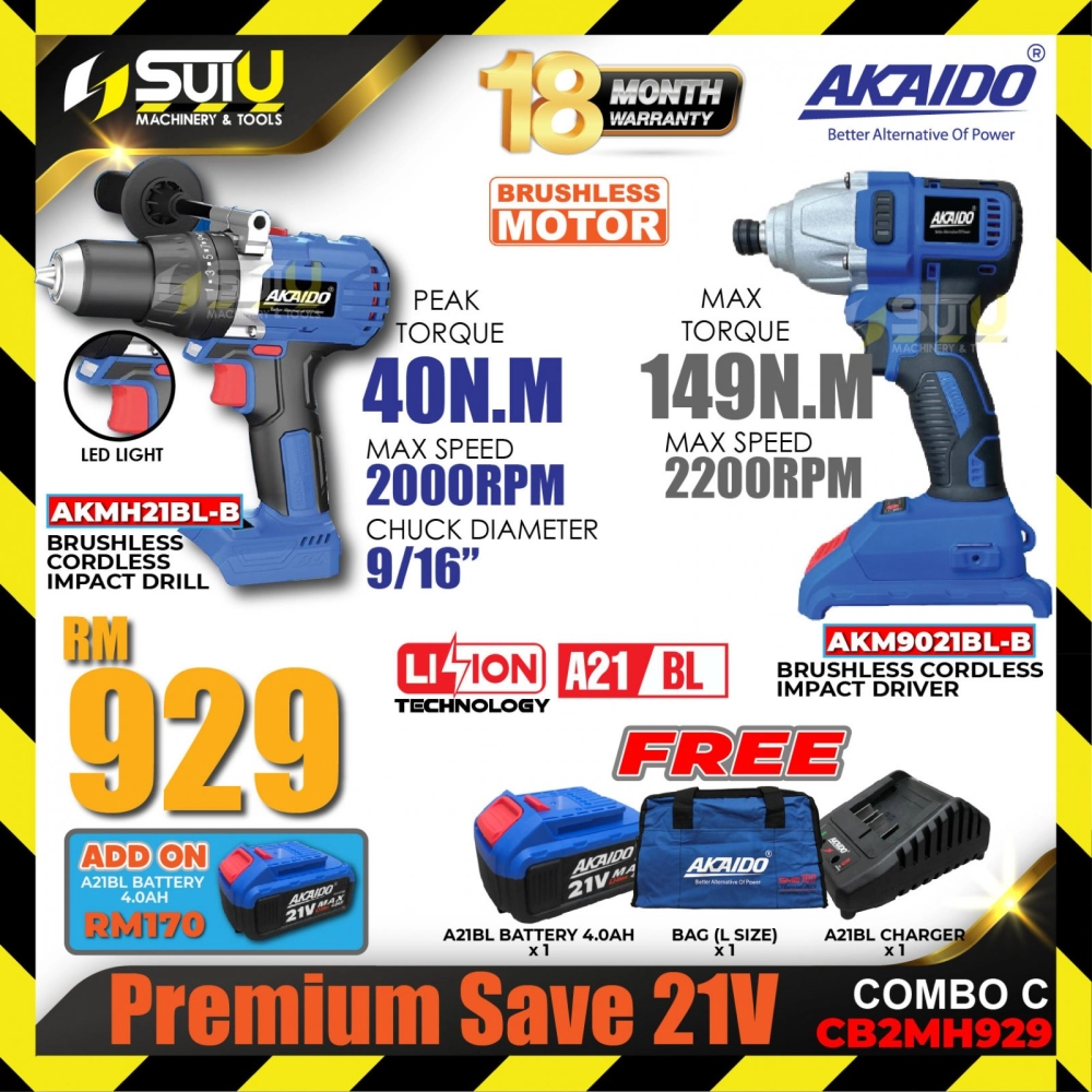 AKAIDO CB2MH929 Premium Save 21V COMBO C AKMH21BL-B Brushless Cordless Impact Drill + AKM9021BL-Cordless Impact Driver