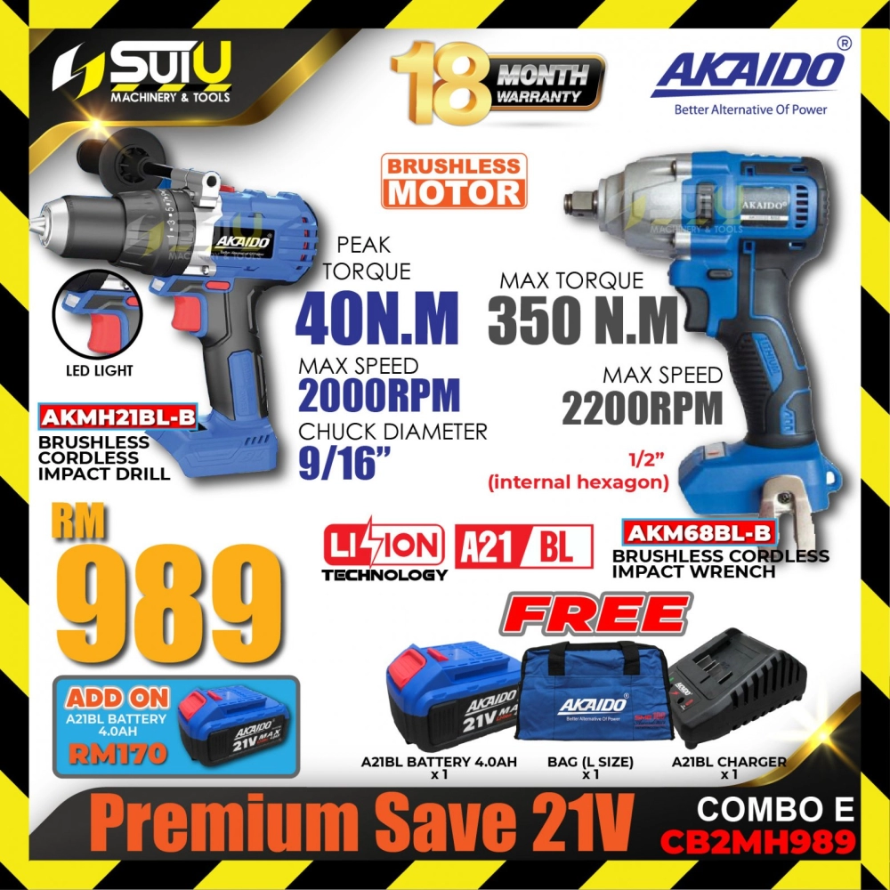 AKAIDO CB2MH989 Premium Saving 21V Combo E AKMH21BL-B Cordless Impact Drill + AKM68BL-B Cordless Impact Wrench