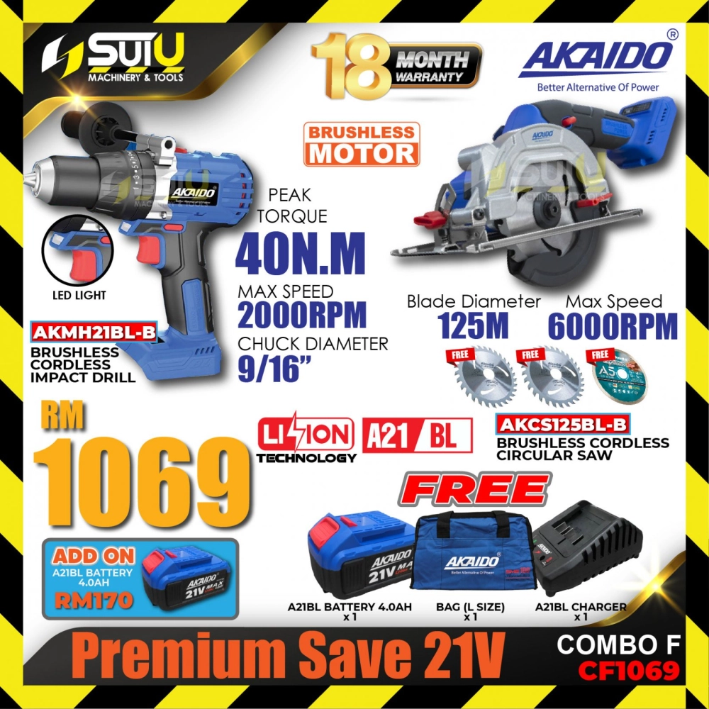 AKAIDO CF1069 Premium Saving 21V Combo F AKMH21BL-B Cordless Impact Drill + AKCS125BL-B Cordless Circular Saw