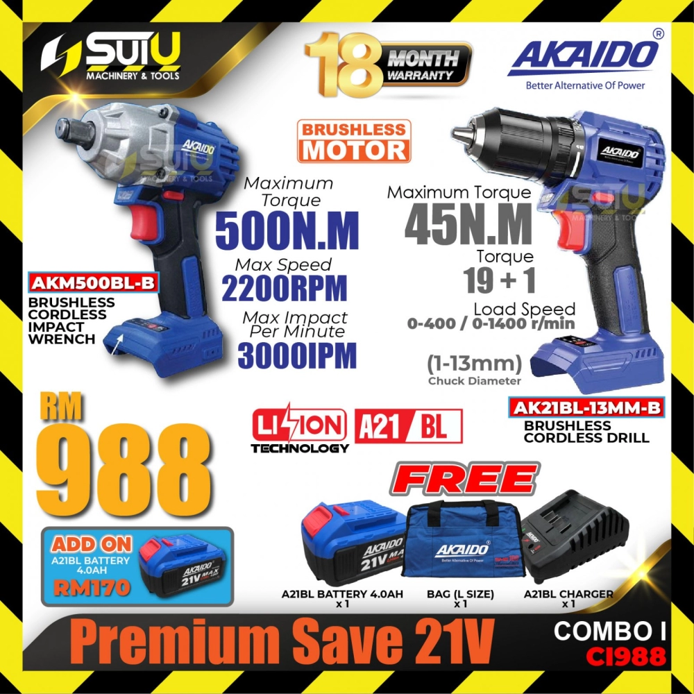 AKAIDO CI988 Premium Saving 21V Combo I AK21BL-13MM-B Cordless Drill 13MM + AKM500BL-B Cordless Impact Wrench