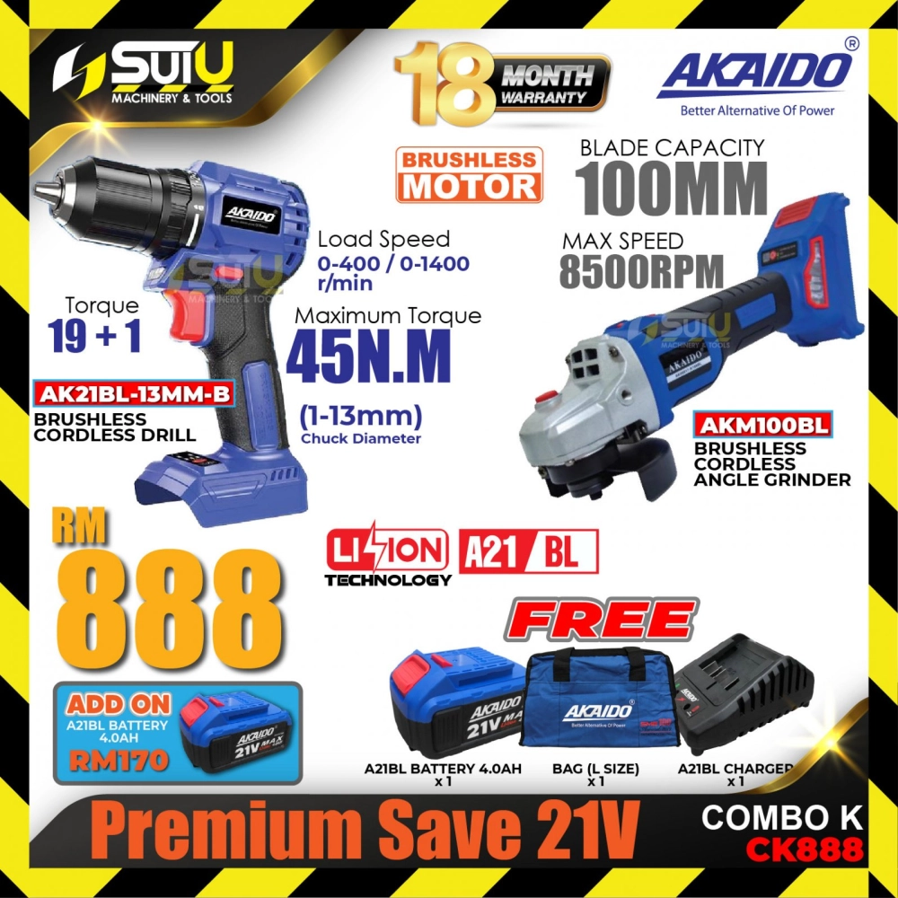 AKAIDO CK888 Premium Saving 21V Combo K AK21BL-13MM-B Cordless Drill 13MM + AKM100BL-B Cordless Angle Grinder