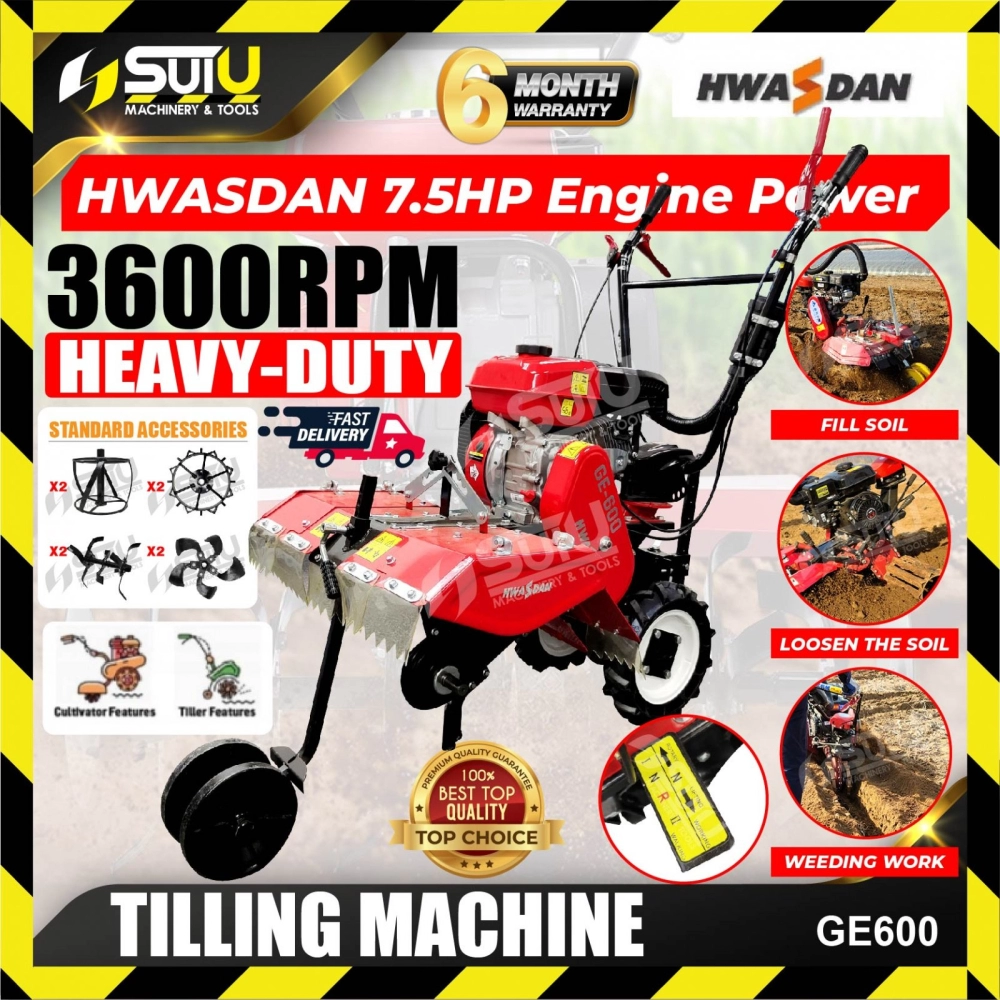 HWASDAN GE600 / GE-600 7.5HP 212CC 4-Stroke Heavy Duty Tilling Machine / Tiller 4.0kW 3600RPM with Accessories