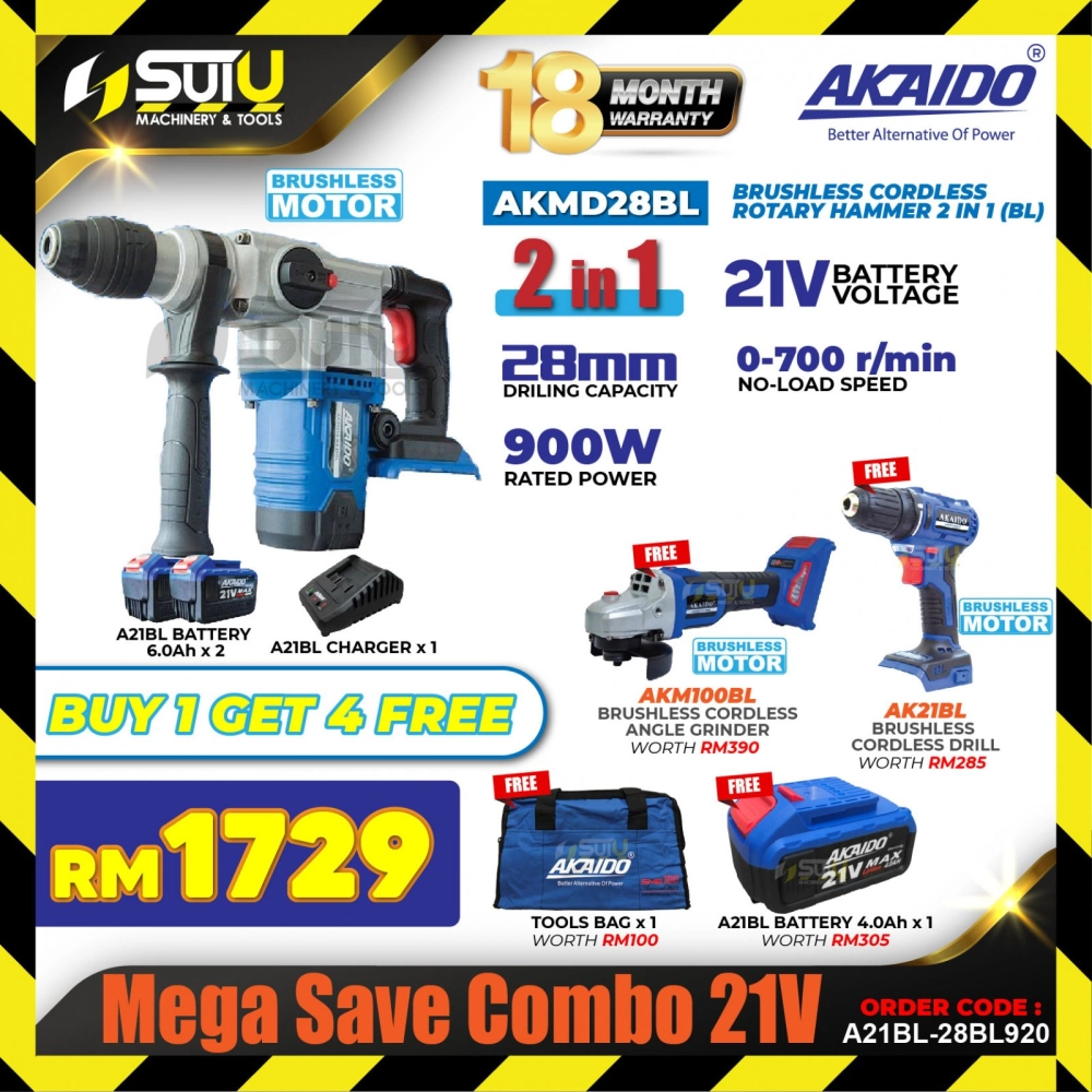 [BUY 1 GET 4 FREE] AKAIDO A21BL-28BL920 Mega Save Combo 21V AKMD28BL + AKM100BL + AK21BL + 3 x Batt + 1 x Char + 1 x Bag