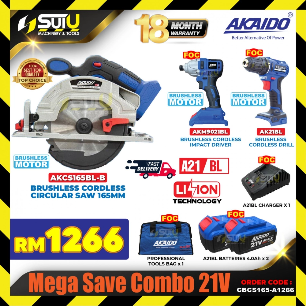 AKAIDO CBCS165-A1266 Mega Save Combo 21V AKCS165BL-B + AKM9021BL + AK21BL + 2 x Battteries 4.0Ah + 1 x Charger + 1 x Bag