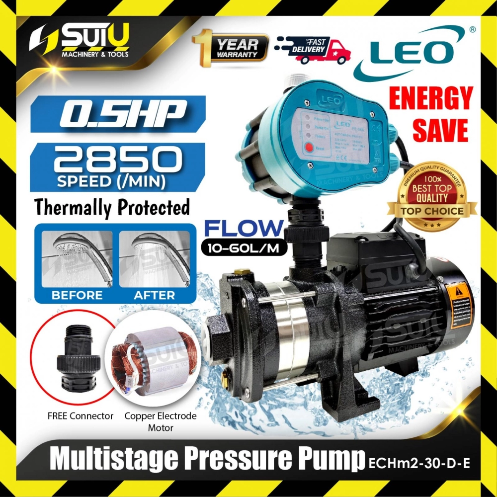 LEO ECHM2-30D-E / ECHM 2-30D-E / ECHM2-30DE 0.5HP Stainless Steel Horizontal Multistage Pressure Pump 0.37kW 2850RPM