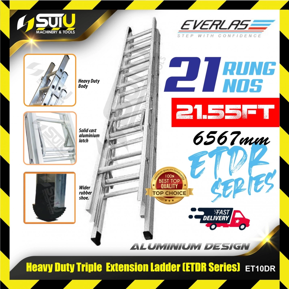 EVERLAS ET10DR 21 Rung Nos 6567MM Heavy Duty Aluminium Triple Extension Ladder
