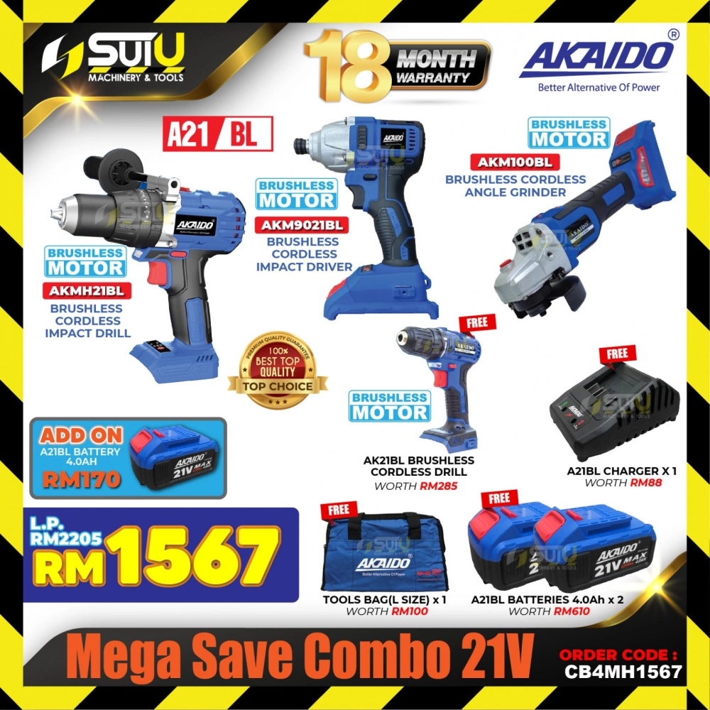 AKAIDO CB4MH1567 Mega Save Combo 21V AKMH21BL + AKM9021BL + AKM100BL + AK21BL with 4.0Ah Battery + Charger + Bag