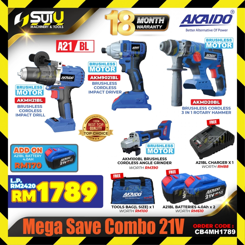 AKAIDO CB4MH1789 Mega Save Combo 21V AKMH21BL + AKM9021BL + AKMD20BL + AKM100BL with 4.0Ah Battery + Charger + Bag