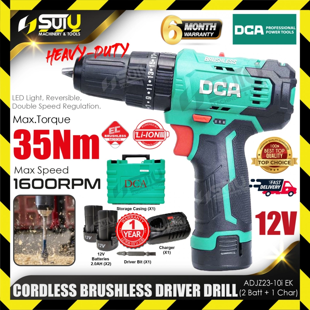 DCA ADJZ23-10I / ADJZ23-10IEK 12V 35NM Brushless Cordless Driver Drill / Hammer Drill w/ 2 x Batteries 2.0Ah + Charger
