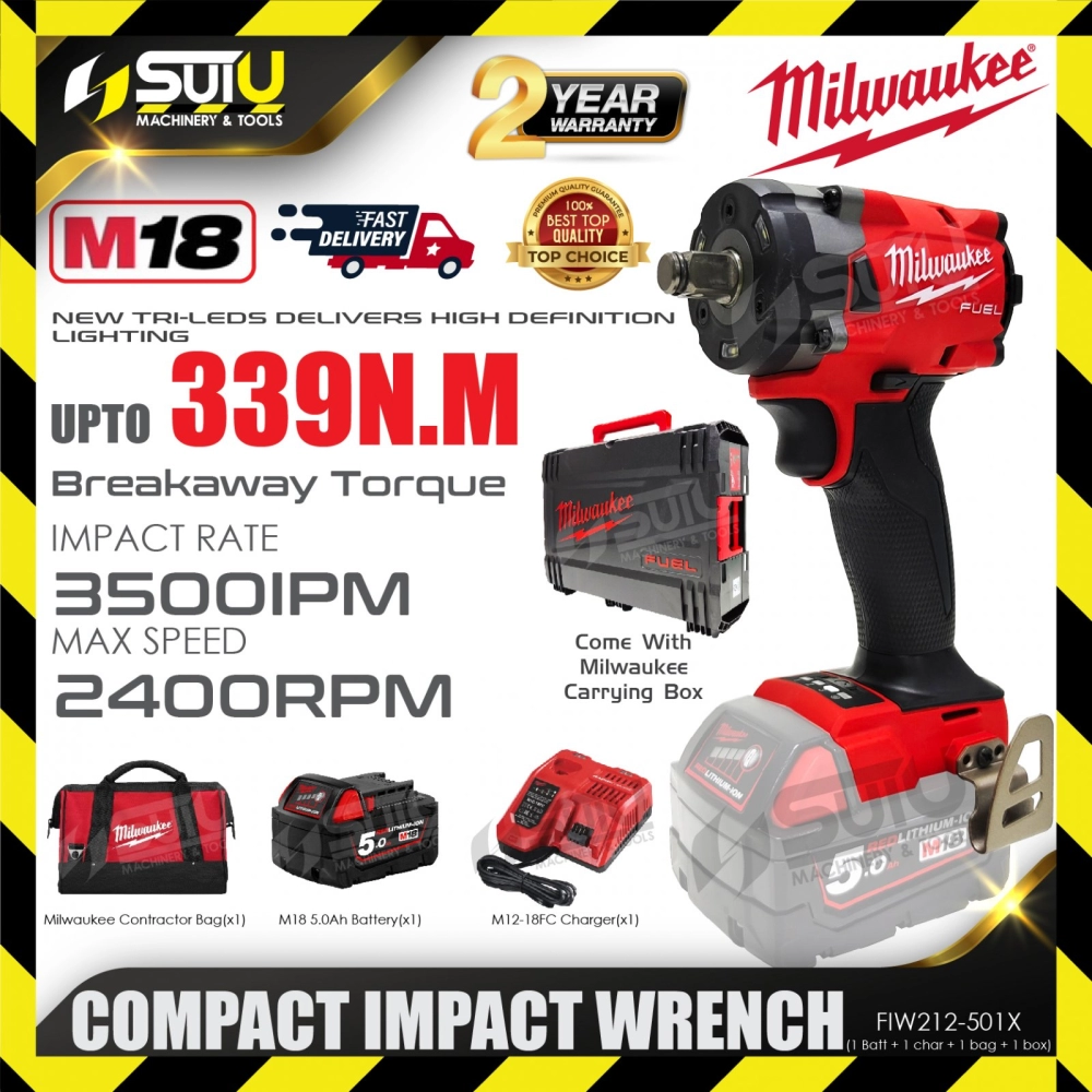 MILWAUKEE FIW212-501X / FIW212-501B 18V 339NM Compact Impact Wrench 2400RPM 3500IPM + 1 x M18 5.0Ah Battery + 1 x Charger + 1 x Contractor Bag