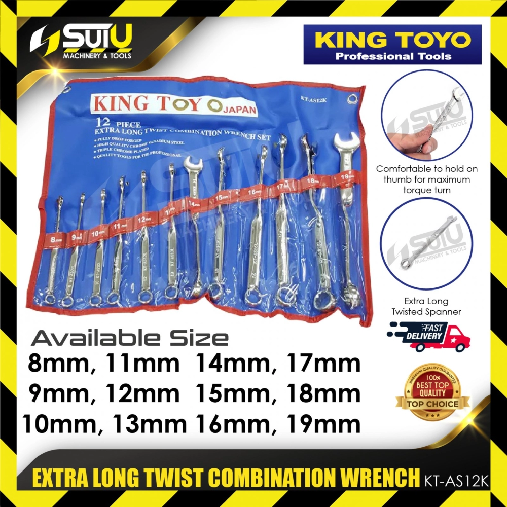KING TOYO KT-AS12K 12PCS Extra Long Twist Combination Wrench (8-19MM)