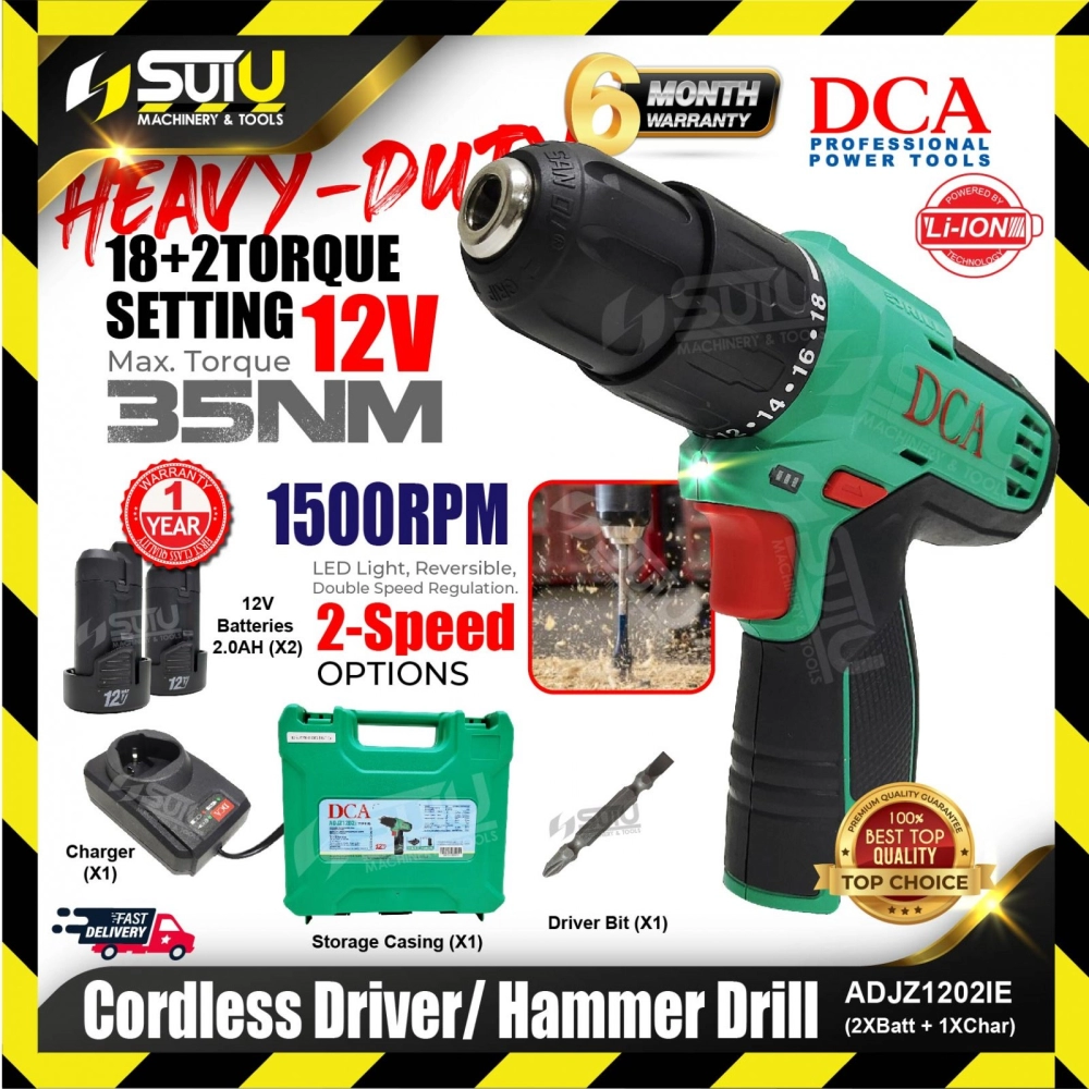 DCA ADJZ1202IE 12V 35NM Cordless Driver / Hammer Drill 1500RPM w/ 2 x Batteries 2.0Ah + 1 x Charger