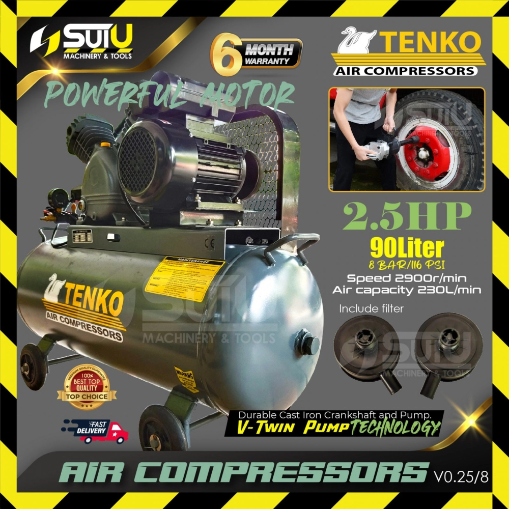 TENKO V-0.25 / V0.25 / V-0.25/8 90L 2.5HP 8Bar Air-Cooled Air Compressor 1.8kW 2900RPM