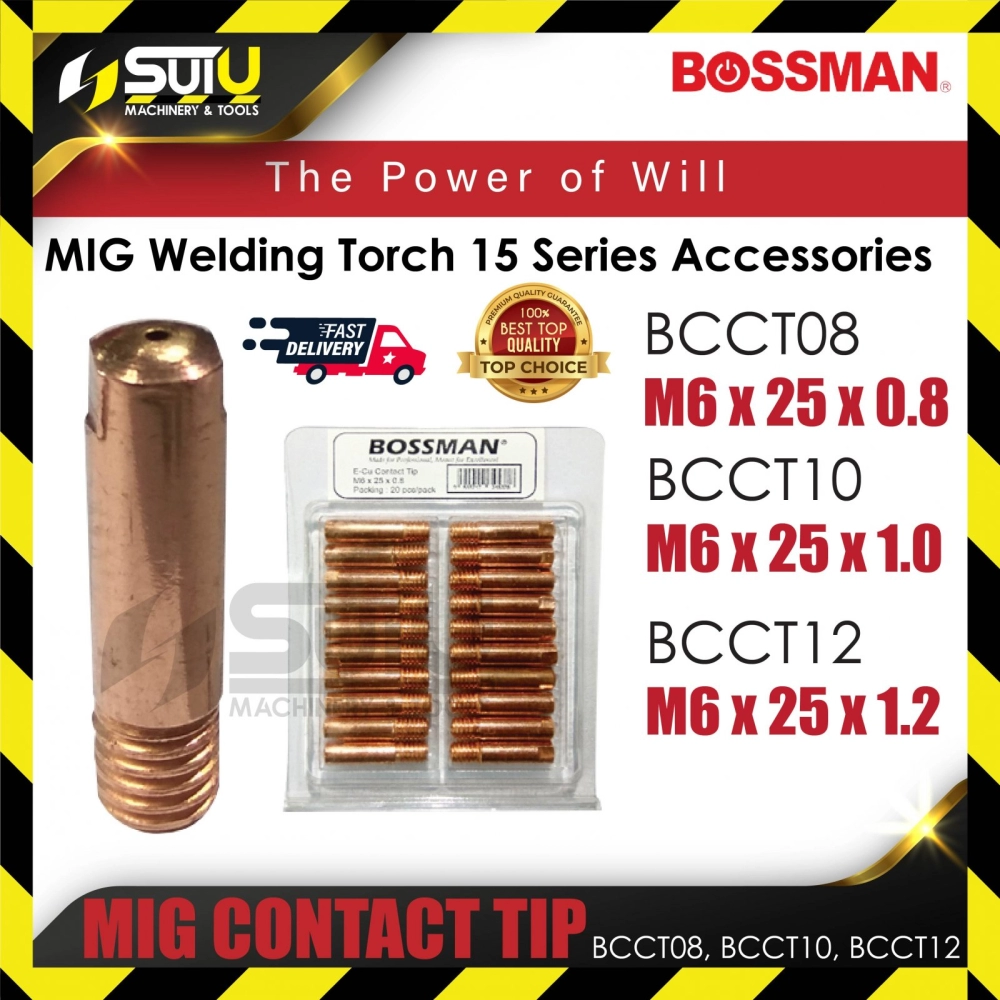 BOSSMAN BCCT08 / BCCT10 / BCCT12 CO2 / MIG Contact Tip (M6 x 25 x 0.8/ 1.0 /1.2)