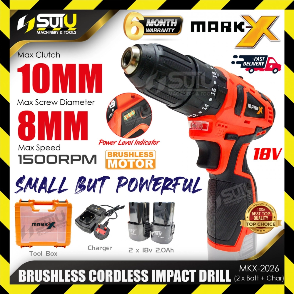 MARK-X MKX-2026 / MKX-2026-18.0V 18V  Brushless Cordless Impact Drill w/ 2 x Batteries 2.0Ah + 1 x C