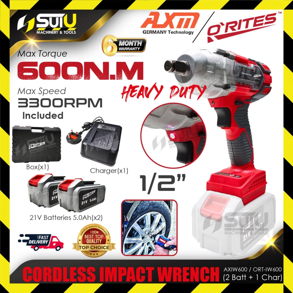 AXM / O'RITES AXIW600 / AXIW 600 / ORT-IW600 21V 1/2" 600NM Cordless Impact Wrench 3300RPM w/ 2 x Batteries 5.0Ah + Charger