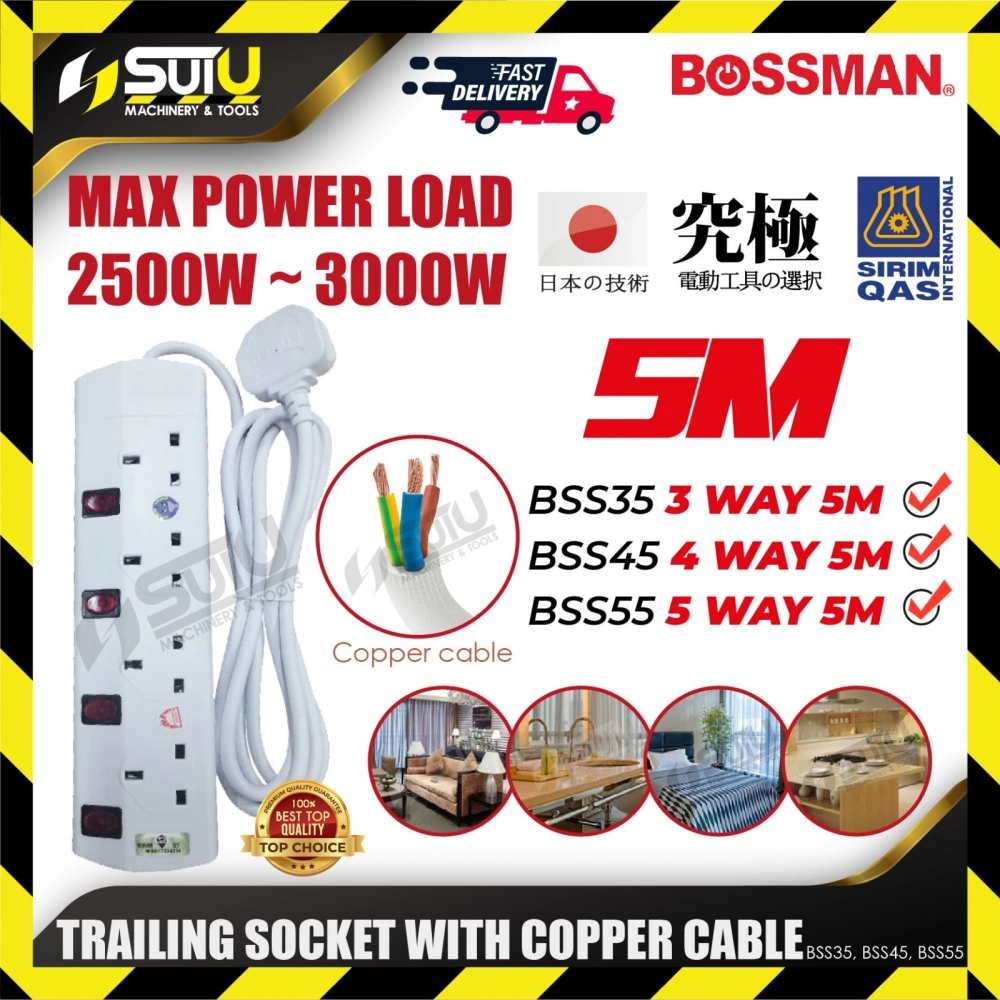 BOSSMAN BSS35 / BSS45 / BSS55 5M 3~5Way Full SIRIM Traling Socket With 0.75MM Copper Cable
