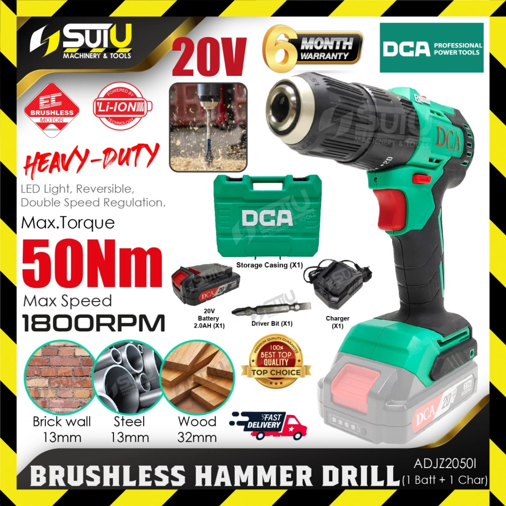 DCA ADJZ2050I (TYPE DM) 20V 50NM Cordless Brushless Driver Hammer Drill 1800RPM w/ 1 x Battery 2.0Ah + Charger