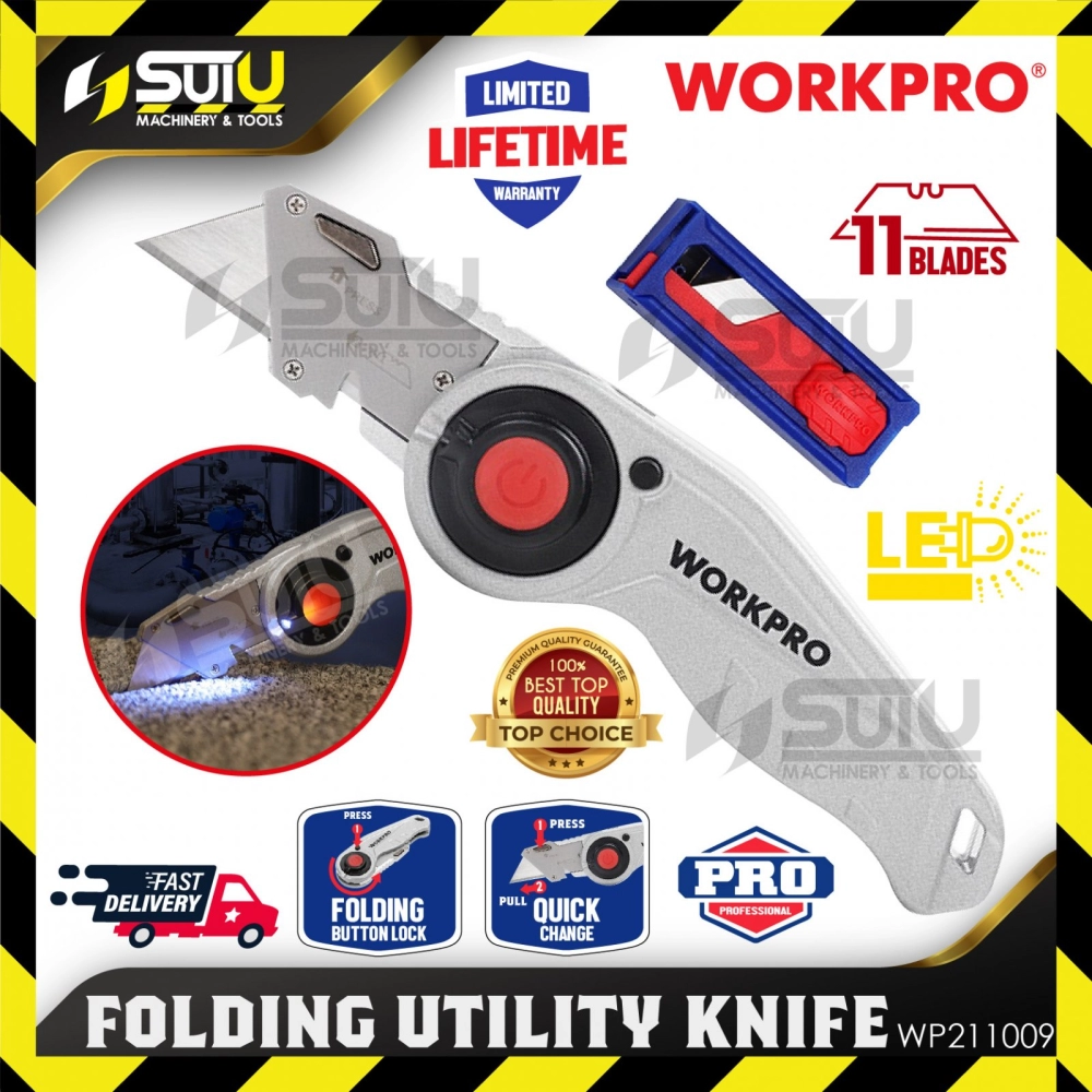 WORKPRO WP211009 LED Quick Change / Folding Utility Knife (11 Blades)