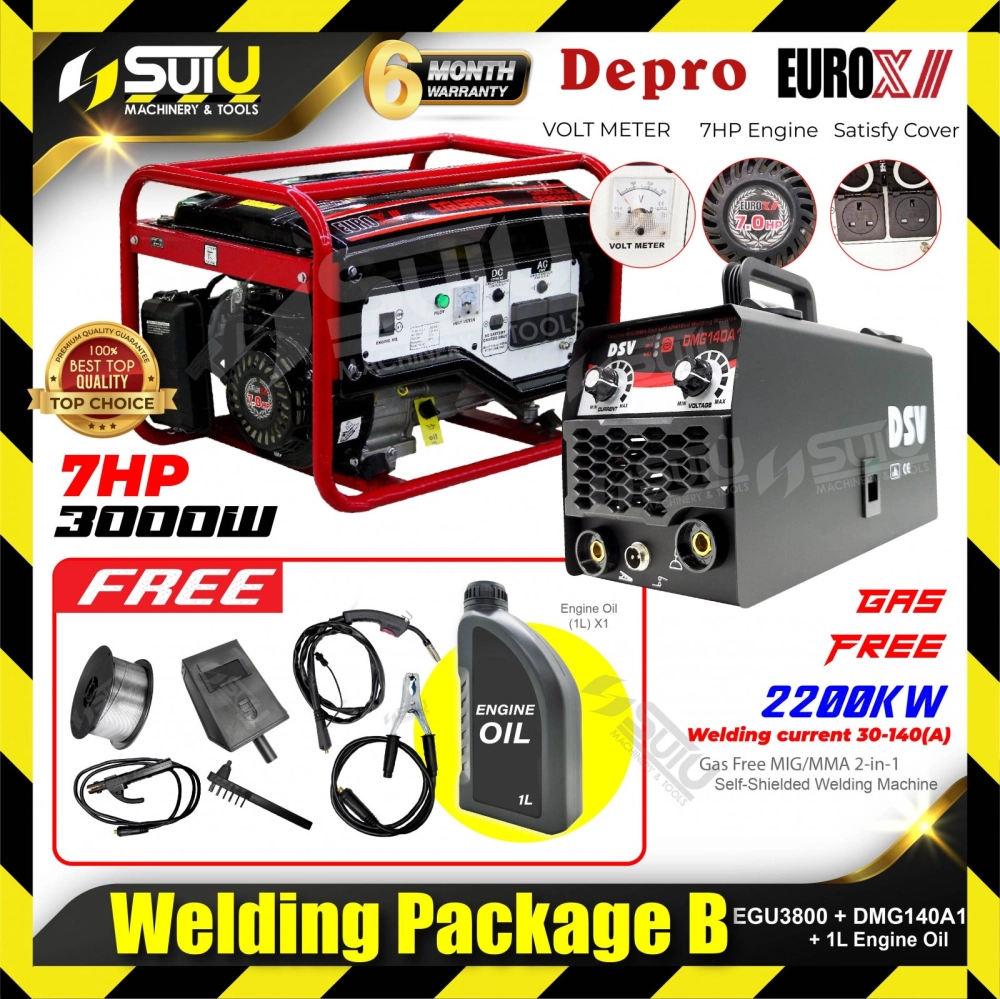 [SET B] WELDING PACKAGE EUROX EGU3800 Generator + DEPRO DMG140A1 / AMG140 Welding Machine + OGAWA HDX-40 1L Engine Oil