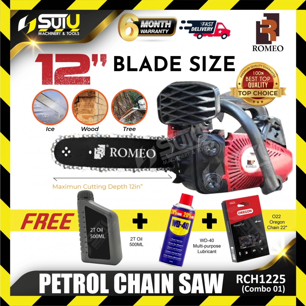 [COMBO SET] ROMEO RCH1225 / RPC2512 12” 25.4CC Gasoline Chain Saw + OGAWA TCW3 500ML 2T Oil + WD-40 Multi-Purpose Lubricant + Oregon OG12 12" Saw Chain 