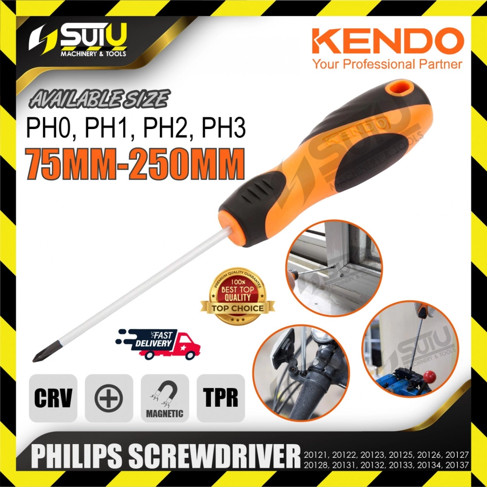 KENDO 20121 - 20137 PH0/1/2/3 x 75MM-200MM Philips Screwdriver with Magnetic Tips