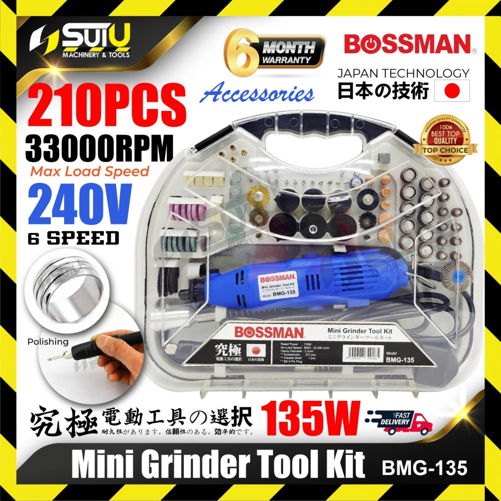 BOSSMAN BMG-135 / BMG135 6 Speed Mini Grinder Tool Kit Set c/w 210PCS Accessories 135W 33000RPM