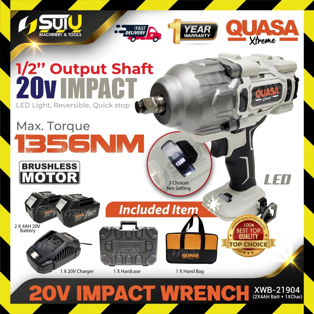 QUASA XTREME XWB-21904 20V 1356NM 1/2" Brushless Cordless Impact Wrench 1550RPM 1900IPM + 2 x Batt 4