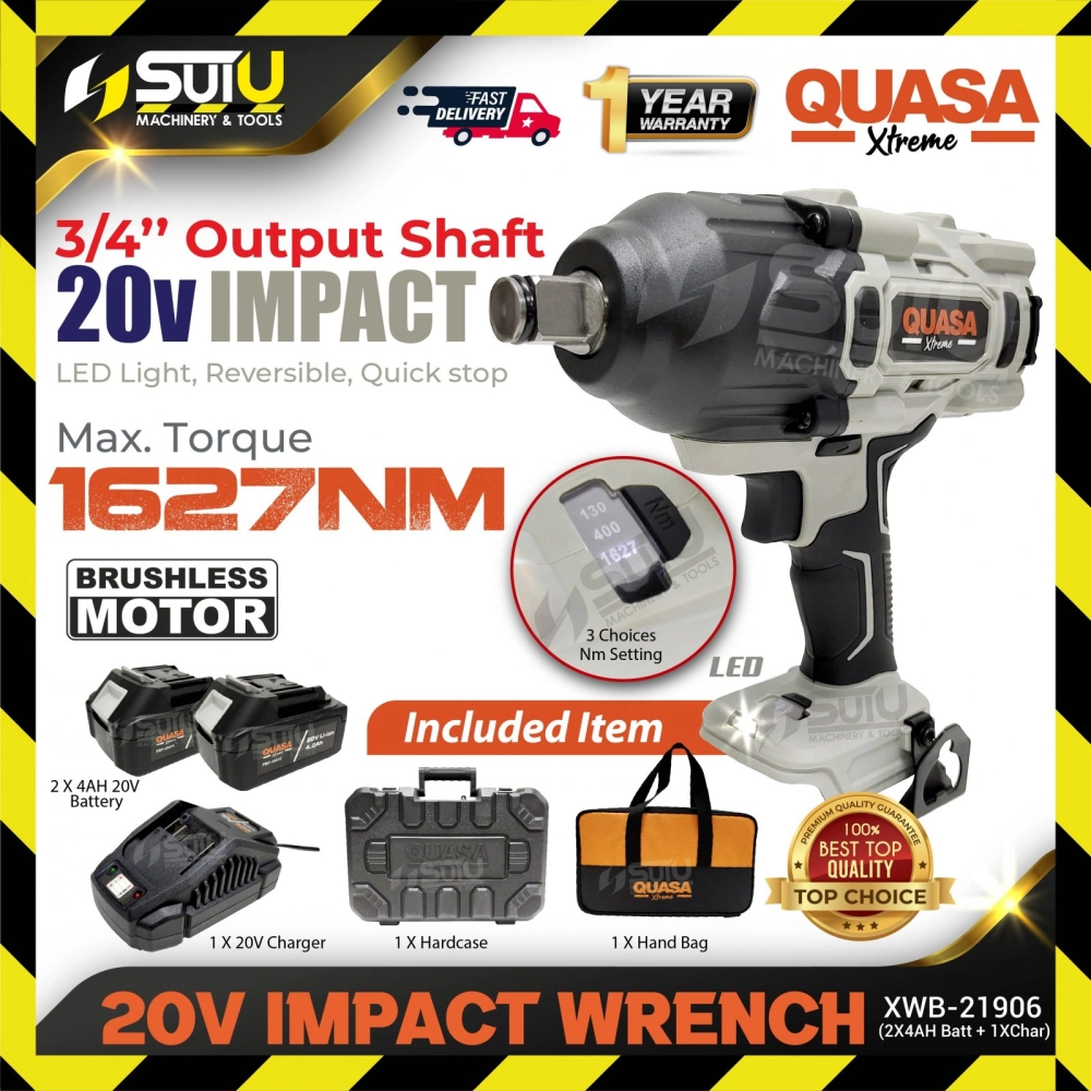 QUASA XTREME XWB-21906 20V 1627NM 3/4" Brushless Cordless Impact Wrench 1550RPM 1900IPM w/ 2 x Batt 4.0Ah + Charger