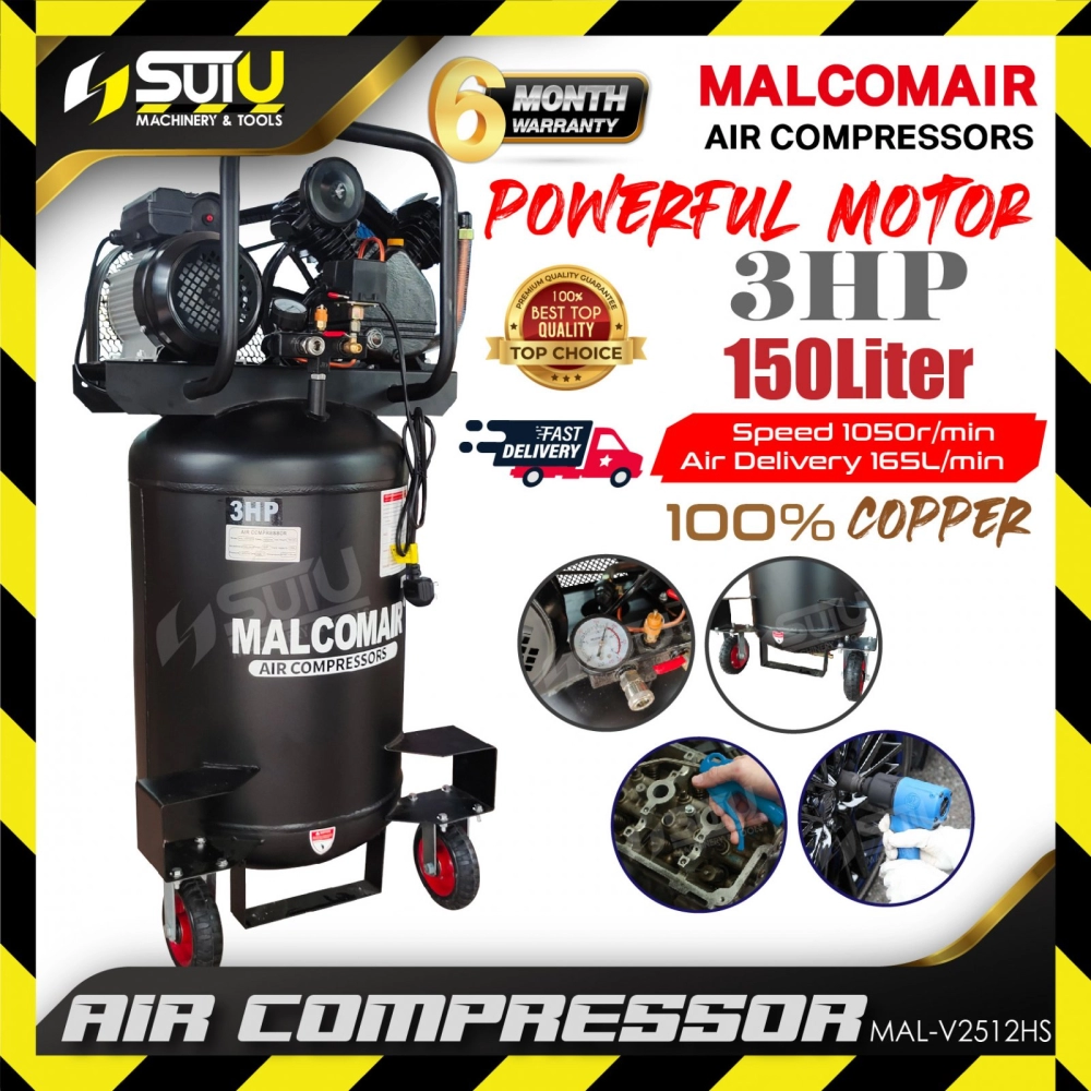 MALCOMAIR MAL-V2512HS / MALV2512HS 3HP 150L High Pressure Vertical Air Compressor 1050RPM