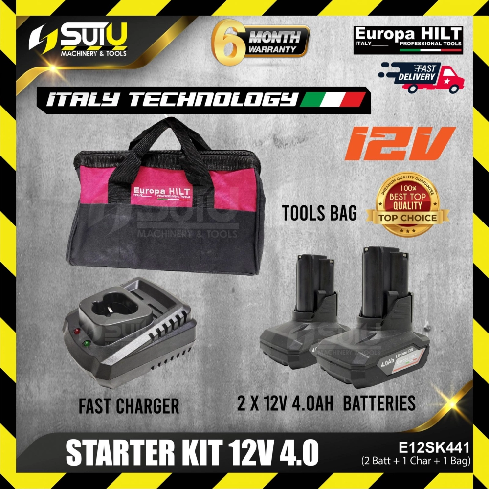 EUROPA HILT E12SK441 / E12SK-441 12V 4.0Ah Starter Kit Pack with Tool Bag (2 x Batt+ 1 x Char + 1 x Tool Bag)