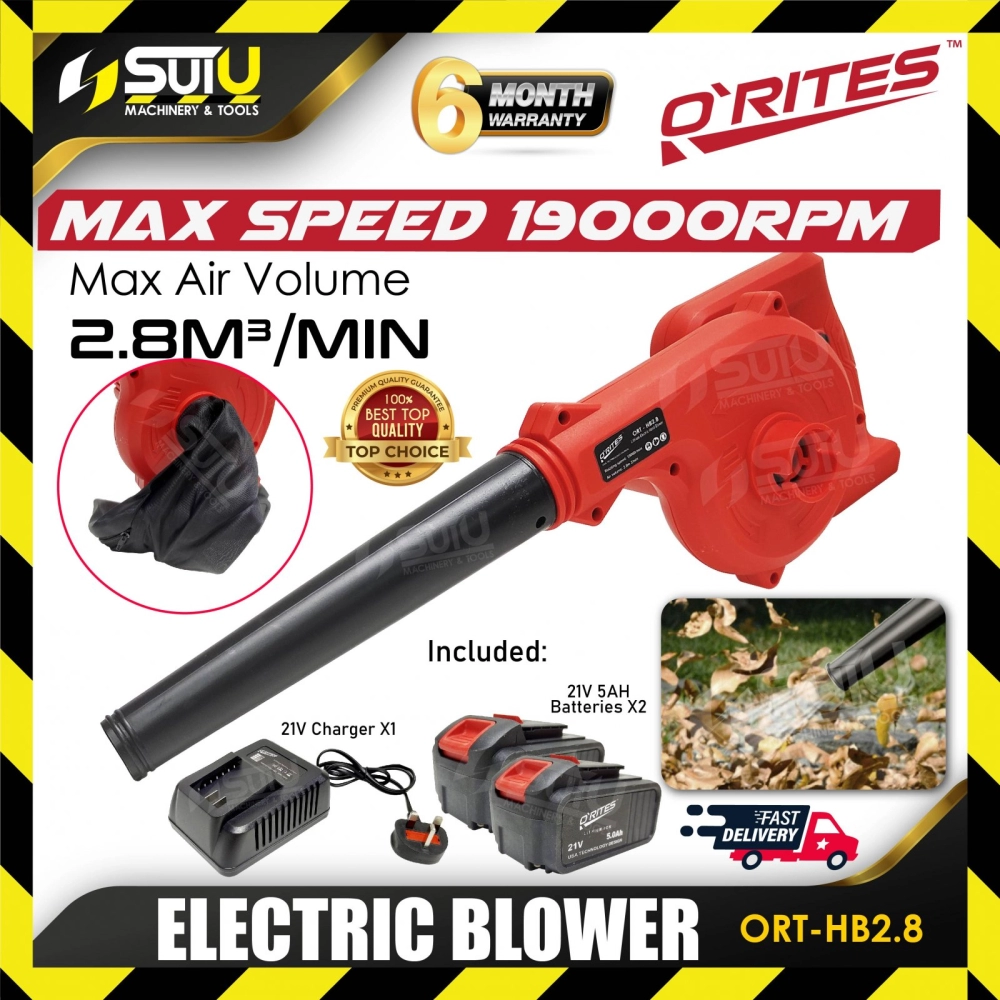 O'RITES ORT-HB2.8 21V Cordless Hand Blower / Electric Blower 19000RPM w/ 2 x Batteries 5.0Ah + 1 x Charger