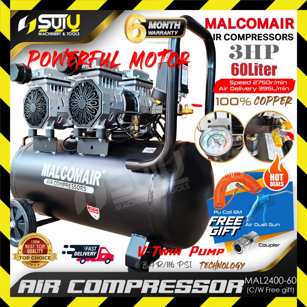 【OILLESS】MALCOMAIR MAL2400-60 60L 3HP 8Bar Oilless Air Compressor 2750RPM + Gift